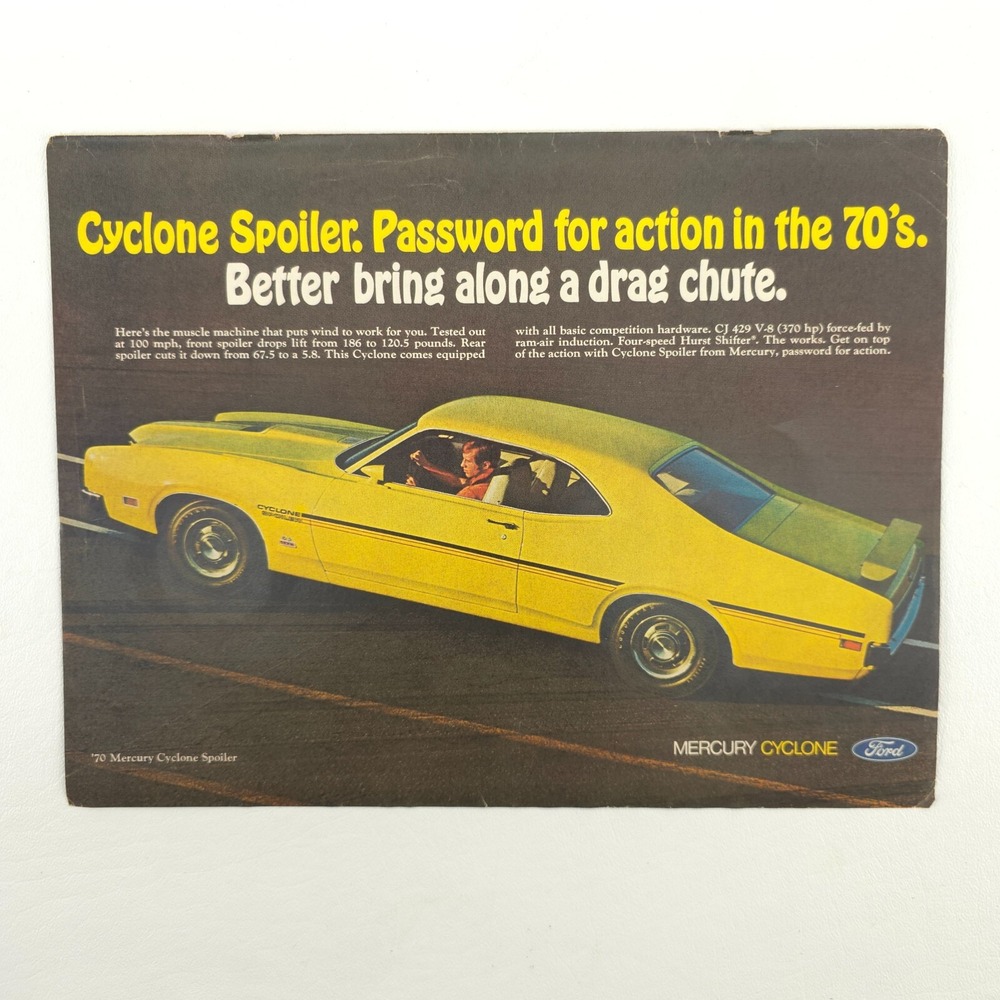 VTG 1970 Mercury Cyclone Spoiler Advertising Print Ad Yellow Muscle Car Ford